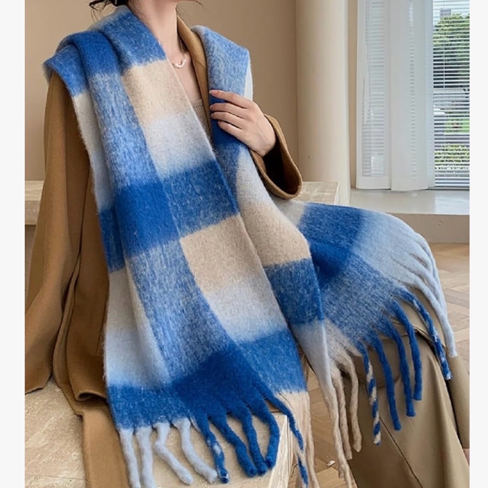 Cozy Blue and Cream Plaid Scarf